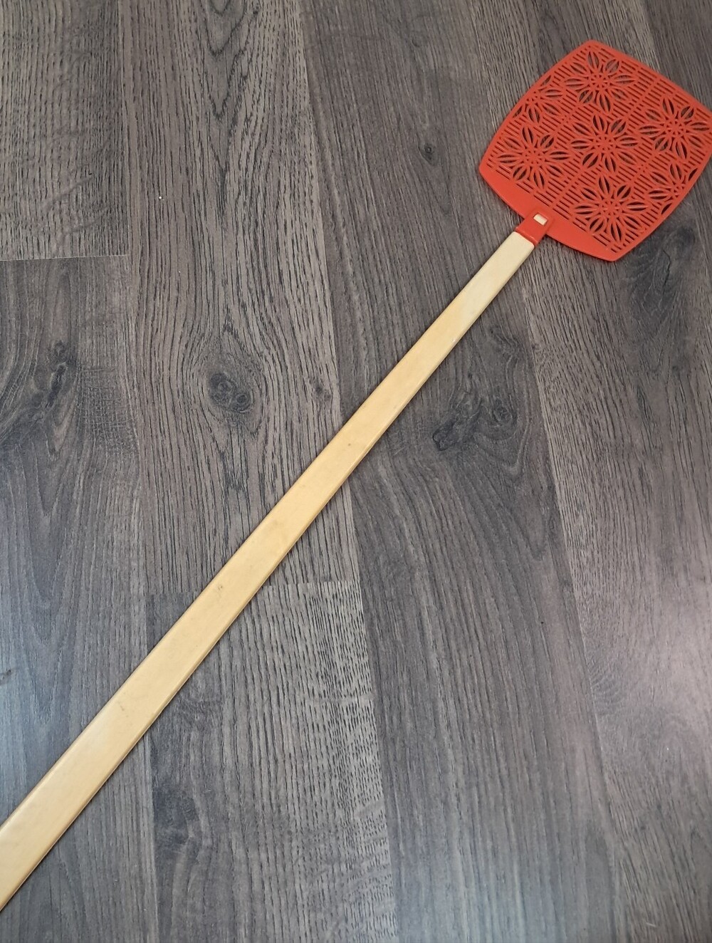 Vintage Orange Plastic 1970’s Fly Swatter With Floral Design